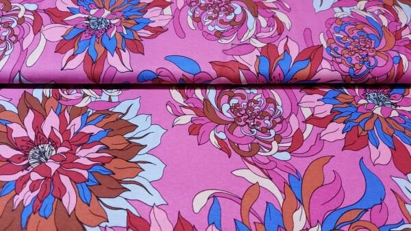 Viscose Jersey Stretch Stof met Bloemen in Fuchsia, Rood, Blauw en Bruin kopen