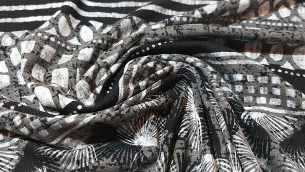 Bestel Zwarte Witte Viscose Jersey Modestof met Strepen, Bladeren en Figuren