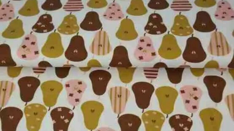 Witte tricot stof met peren - kinderstoffen / babystofjes kopen 