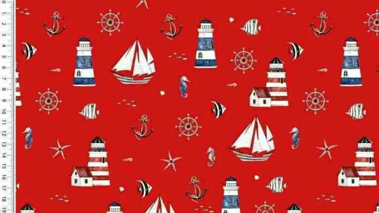Rode tricot stof met marine thema kopen 