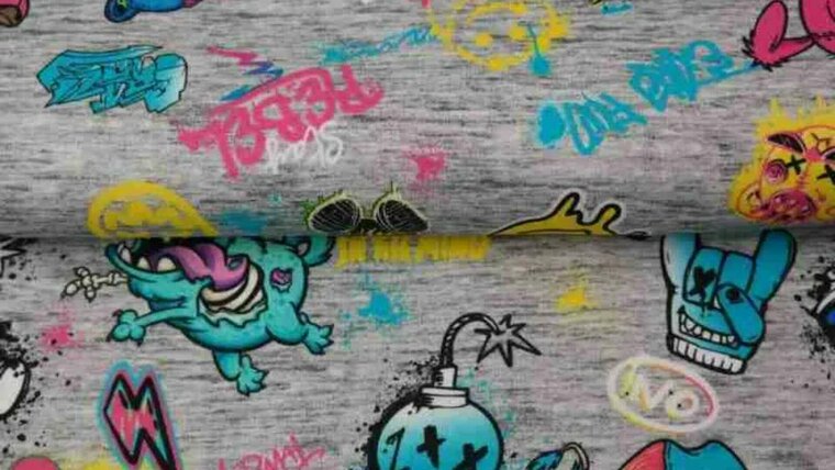 Tricot jersey stof met monsters in neon - Trendy en Stoer! kopen 