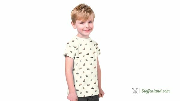 Ecru jersey stretch stof met voertuigen