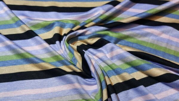 Gestreepte jersey stof (Zwart, paars, lila, groen, zand)