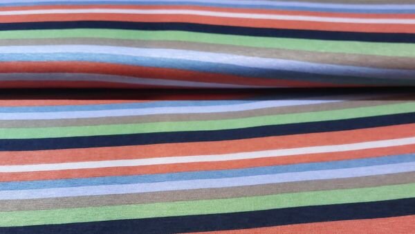 Gestreepte tricot stof (Oranje, lila, blauw, zwart en groen)