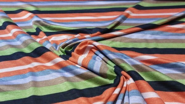 Gestreepte jersey stof (Oranje, lila, blauw, zwart en groen)