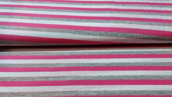 Gestreepte tricot stof (fuchsia, wit en licht grijs)