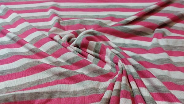 Gestreepte jersey stretch stof (fuchsia, wit en licht grijs)