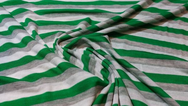 Gestreepte jersey stof (groen, wit en licht grijs)