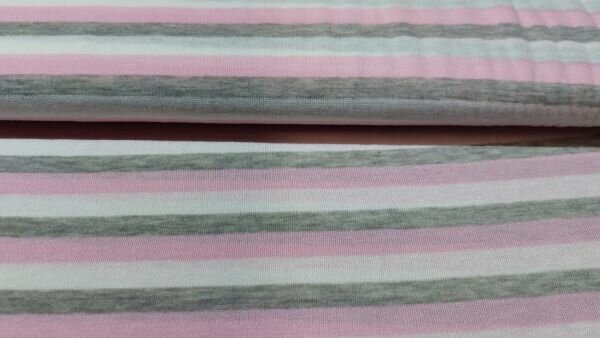 Gestreepte tricot stof (roze, licht grijs en wit)