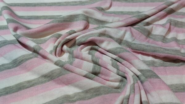 Gestreepte stretch jersey stof (roze, licht grijs en wit)