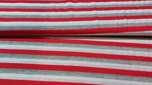 Gestreepte tricot stof (rood, licht grijs en wit) kopen