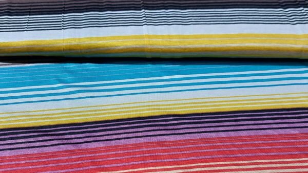 Gestreepte tricot stof (Geel, rood, paars, zwart, wit, zand, bruin)