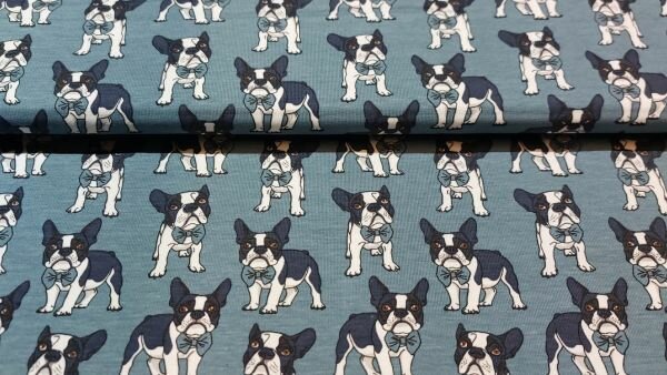 Stretch tricot stof met bulldog hond