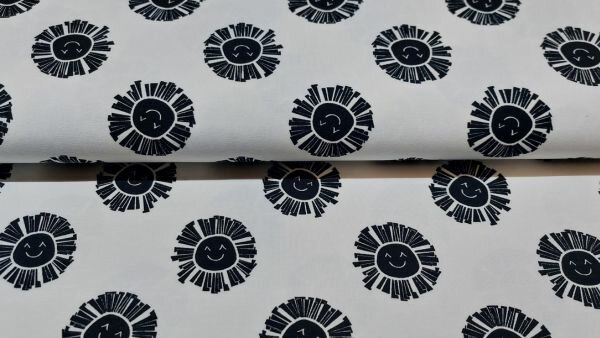 Witte stretch katoen tricot met zwarte zonnetje kopen
