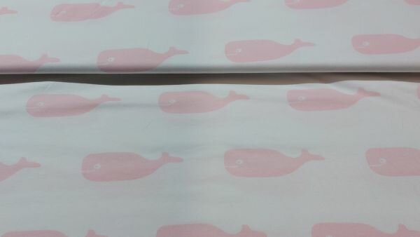 Witte katoen tricot met roze walvissen bestellen