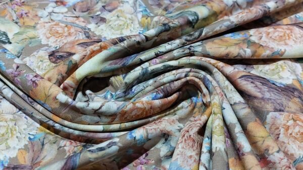 Naaien met Lichtbruine Katoen Tricot met Bloemen en Vogels