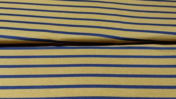 Oker geel-marine blauw gestreepte tricot stretch stof  kopen