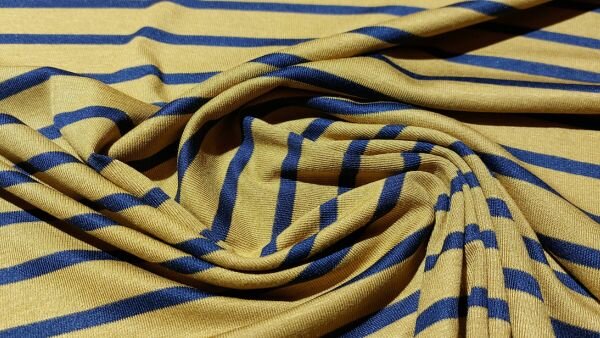  Bestel Oker geel-marine blauw gestreepte tricot stretch stof 