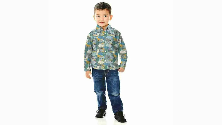 Stoere kinderkleding naaien met Roze gele katoenen stof met dinosaurussen