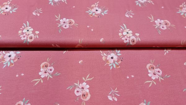 Prachtige Koraal Rode Katoen Jersey Stretch Stof met Bloemen kopen