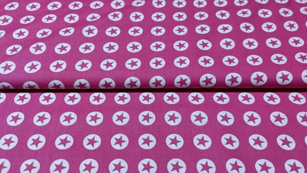 Katoenen stof met sterren &ndash; Fuchsia, wit en lichtgrijs