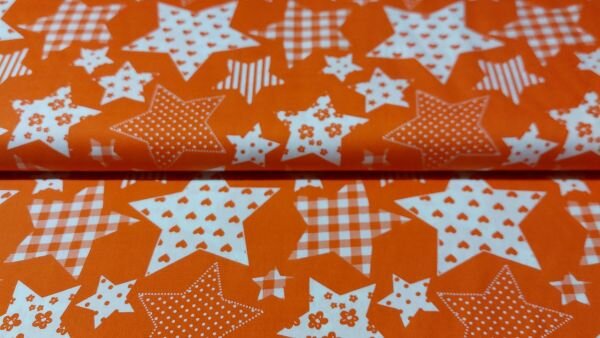 Oranje poplin katoen met witte sterren &ndash; hoogwaardige katoenen stof
