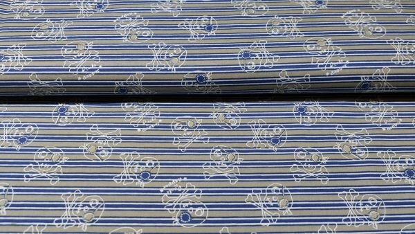 Grijs-blauwe katoenstof met doodshoofden &ndash; stoere stof voor kleding en accessoires