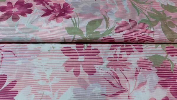 Couponstof voile bloemen roze groen paars