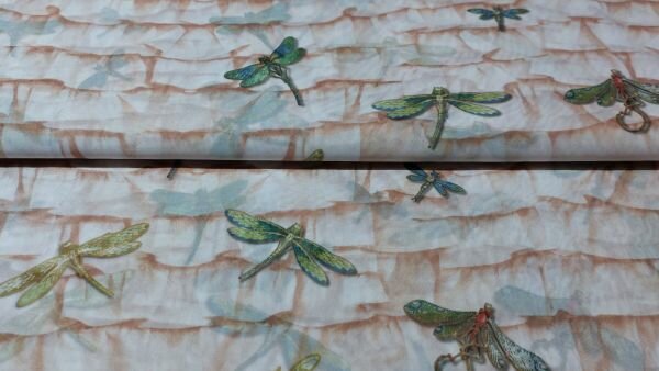 Voile couponstof met libellen in beige, ecru en groen