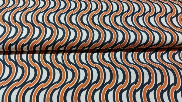 viscose stof vintage motief oranje zwart ecru