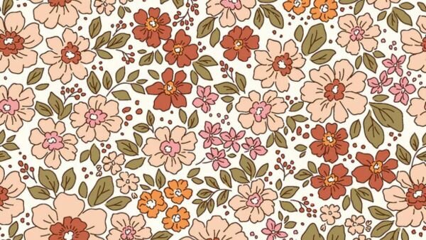 Ecru poplin stof met handgetekend bloemenmotief