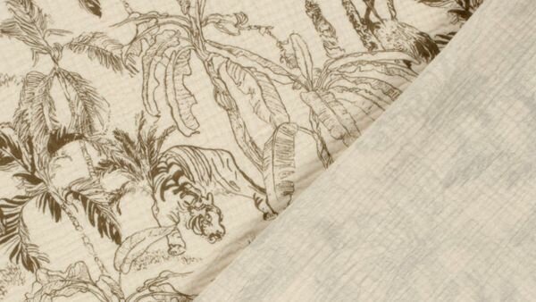 Taupegrijze mousseline stof met jungleprint - achterzijde stof
