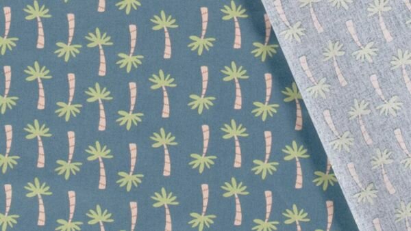 Staalblauwe poplin katoen met palmbomenprint