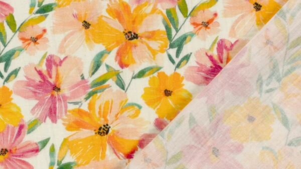 Ecru mousseline stof met geverfde bloemenmotief  -achterkant