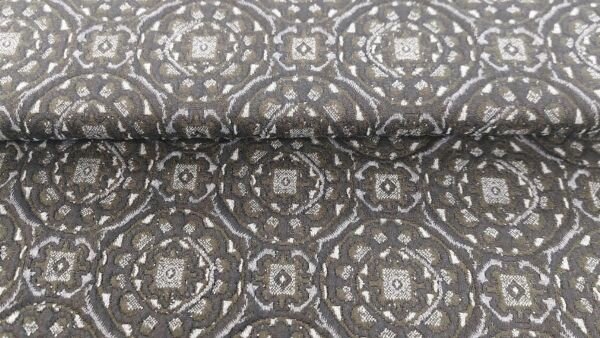 Jacquard stof met inca motief in donkerbruin, donkergroen en grijs
