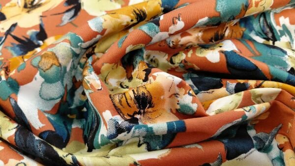 Oranje geel bloemenprint stretch katoen-sateen