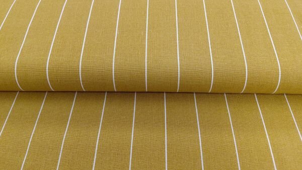 Viscose linnen stof okergeel met witte strepen