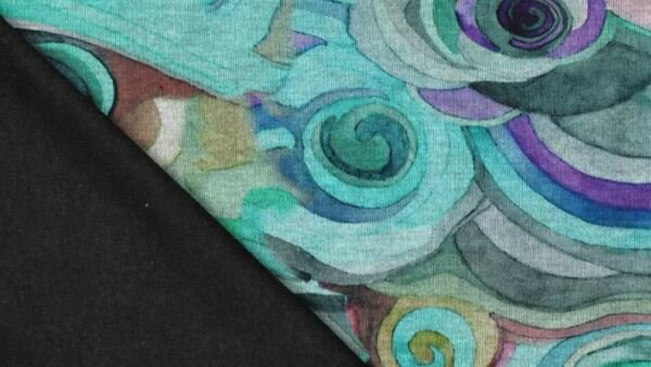 Detail van digitale print op viscose-polyester blend