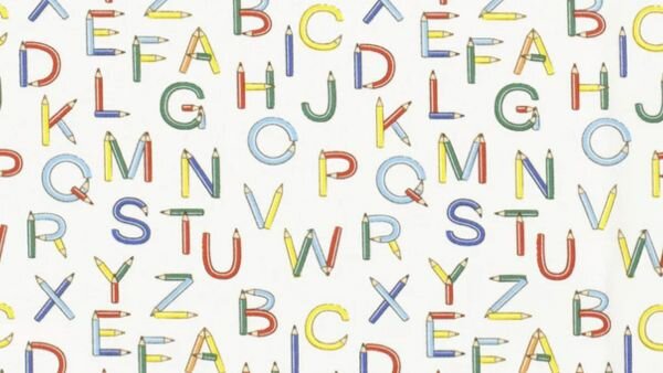 Witte katoenen poplin stof met kleurrijke letters