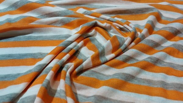 Gestreepte jersey stretch  stof (oranje, licht grijs en wit)