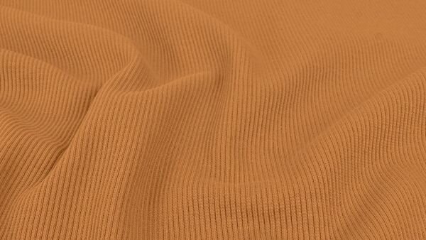 Rib jersey stof in camel bruin, close-up van de dikke ribstructuur met subtiele stretch.
