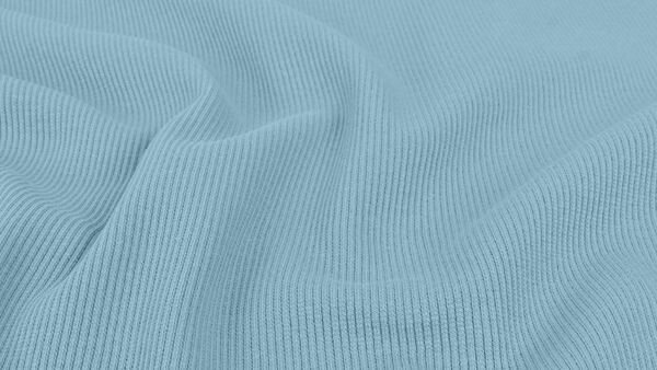 Rib jersey stof in jeans blauw close-up, dikke tricot structuur met fijne ribbels voor stretch naaien