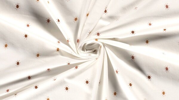 Gebroken witte katoen jersey stretch stof zonnen dessin 150 cm