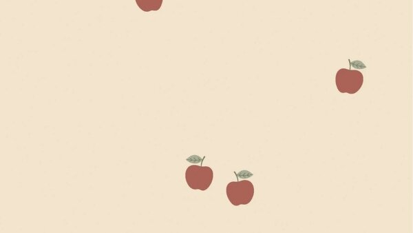 Beige tricot stof met getekende appels, close-up structuur