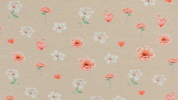 taupe bloemen tricot stof close-up