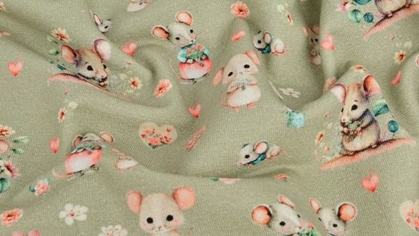 Groene tricot stof met muizen print