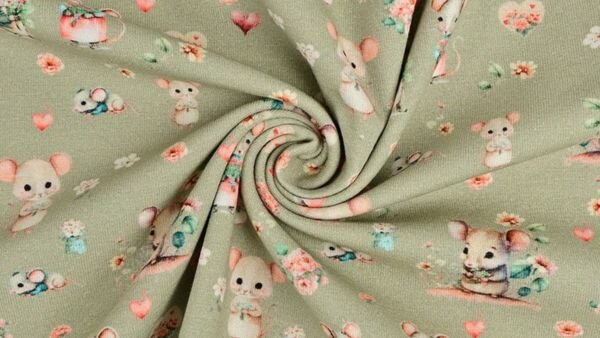 Jersey kinderstof groen met muisjes