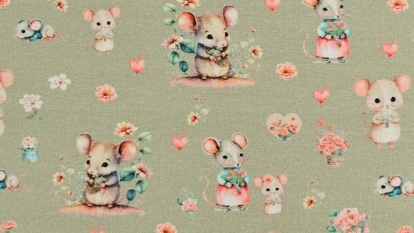 Tricot baby stof met muizen op groene achtergrond