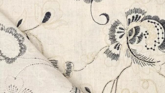 Geborduurde viscose linnen stof beige zware kwaliteit