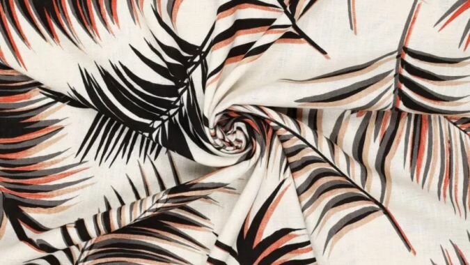 Lauren Natural Linen Slub stof met bladprint ecru zwart oranje